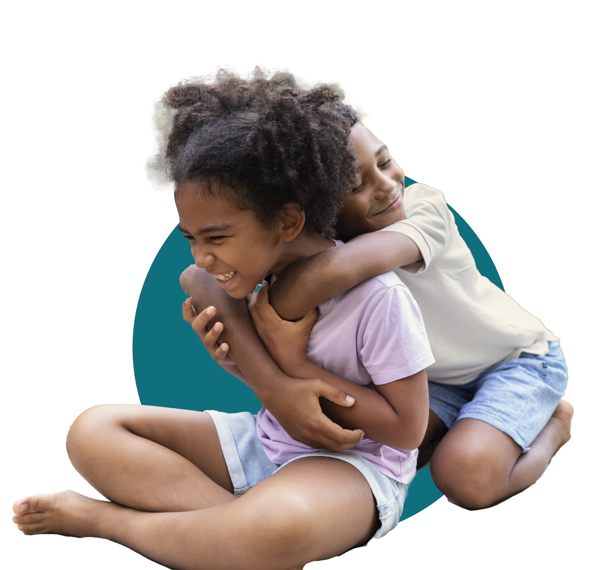 Two young Black children smiling and hugging, overlayed on a teal circle
