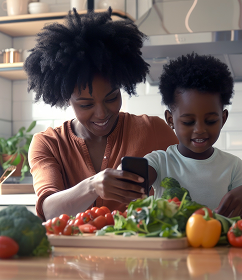 Black mother and son in kitchen with vegetables